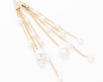 Pearl Drop Pendant . Chain Pearl Tassel.  Drop Pearls Charm . Wedding Jewelry . 16K Polished Gold Plated over Brass - 2pcs / YO0006-PG