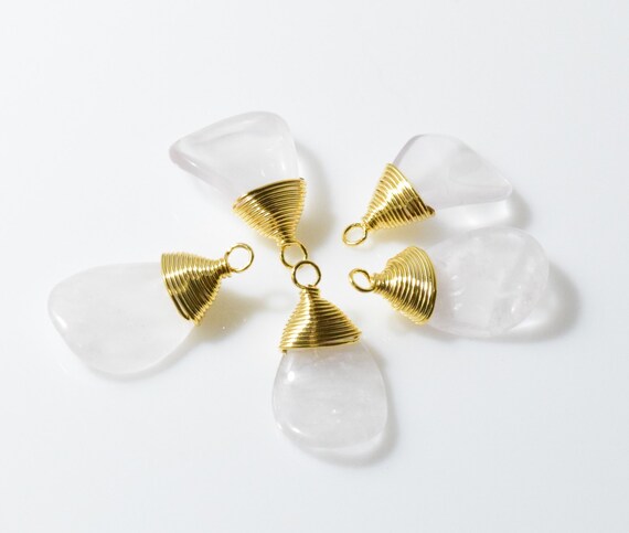 Rose Quartz Gemstone Brass Pendant. Rose Quartz Gemstone Charm. 16K Polished Gold Plated over Brass - 2pcs / NB0025-PGRQ