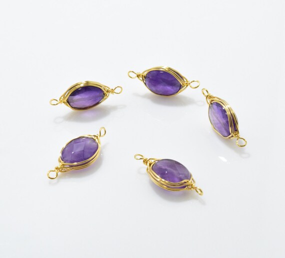Amethyst Gemstone Connector . Amethyst Pendant . Purple Gemstone . 16K Polished Gold over Brass- 2pcs / NB0021-PGAM