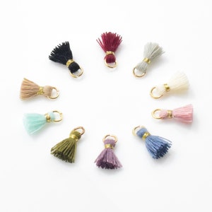 May include: Assortment of ten colorful tassel charms with gold jump rings. The tassels are made of various colors including black, white, pink, blue, green, beige, and purple.