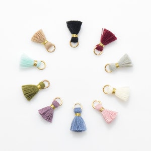 May include: A set of 12 colorful tassel charms with gold rings. The tassels are made of yarn and come in a variety of colors, including black, beige, light blue, green, purple, pink, red, white, and gray.