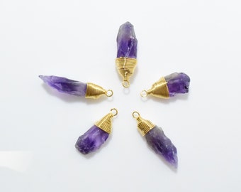 Amethyst Gemstone Pendant . Amethyst Charm . Purple Gemstone . 16K Polished Gold Plated over Brass - 2pcs / NB0026-PGAM