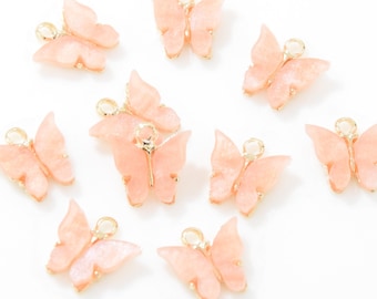 Pearl Orange Butterfly Acrylic Pendant . Butterfly Pendant . Butterfly Charm . Polished Gold Plated over Pewter - 2pcs / SK0005-PGPOR