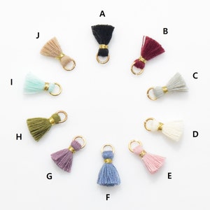 May include: Ten different colored tassel charms with gold jump rings. The tassels are in the colors black, burgundy, gray, white, purple, blue, green, light blue, beige, and pink.