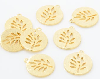 Tree Coin Pendant . Tree Coin Charm . Tree Brass Pendant . Round Tag Pendant . 16K Matte Gold Plated over Brass - 2pcs / IA0187-MG