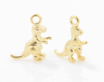 Tiny Dinosaur Pendant . Tiny Dinosaur Charm . Tiny Dinosaur Beads . 16K Matte Gold Plated over Brass - 2pcs / IA0212-MG