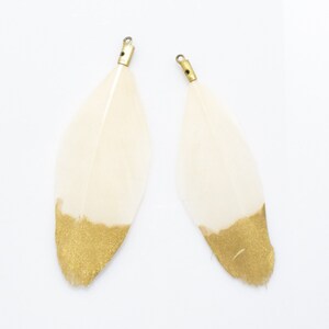Ivory Feather Pendant . Beige Feather Pendant . Genuine Duck Feather . Burnished Gold Plated over Brass Cap - 2pcs / TD0001-IV