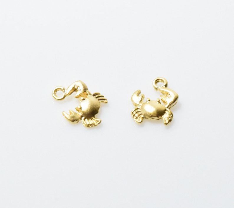 May include: Two gold-colored crab charms with a loop for attaching to a necklace or bracelet.