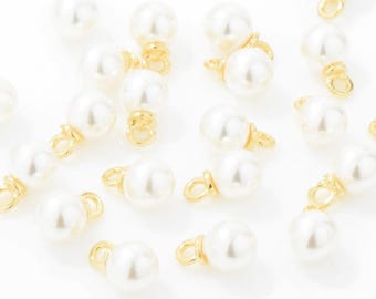 6MM Round Pearl Pendant (Small) . Round Pearl Charm . Pearl Beads . Wedding Jewelry . 16K Polished Gold Plated over Brass - 4pcs / YO0025-PG