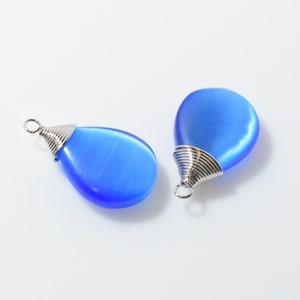 Cobalt Blue Cats Eye Gemstone Pendant . Pink Glass Pendant . Coil Bezel. Polished Rhodium  Plated over Brass - 2pcs / NB0002-PRCBC