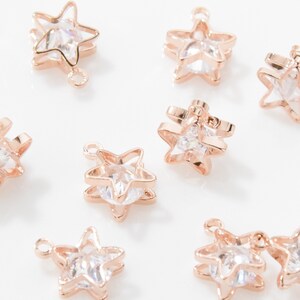 Cubic Star Pendant . Tiny Star Charm . Star Bead . Cubic Zirconia . Wedding Jewelry. Polished Rose Gold Plated over Brass - 2pcs / UT0140-RG