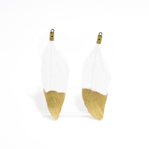White Feather Pendant . Genuine Duck Feather . Gold Feather Charm . Burnished Gold Plated over Brass Cap - 2pcs / TD0001-WT
