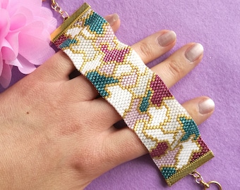 Peyote Stitch Bracelet Pattern - "Pretty Patches" - Teal, Pink, Gold & White - Even Count Peyote with Miyuki Delicas