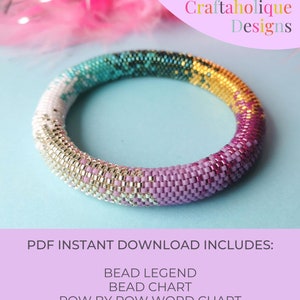 May include: A tubular peyote bracelet pattern with a gradient of colors, including white, teal, gold, and purple. The image also includes text that says "TUBULAR PEYOTE BRACELET PATTERN" and "Craftaholique Designs". The pattern includes instructions for three bracelet sizes.