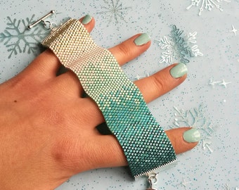 Peyote Stitch Cuff Bracelet PDF Pattern - Ombre Ice - Teal, Blue & Silver Bracelet Pattern - Beadwork Beading