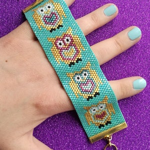 Peyote Stitch Cute Owl Bracelet Teal, Gold & Pink Beaded Cuff Bracelet Pattern for Miyuki Delicas size 10/0 Odd Count Peyote Stitch image 4