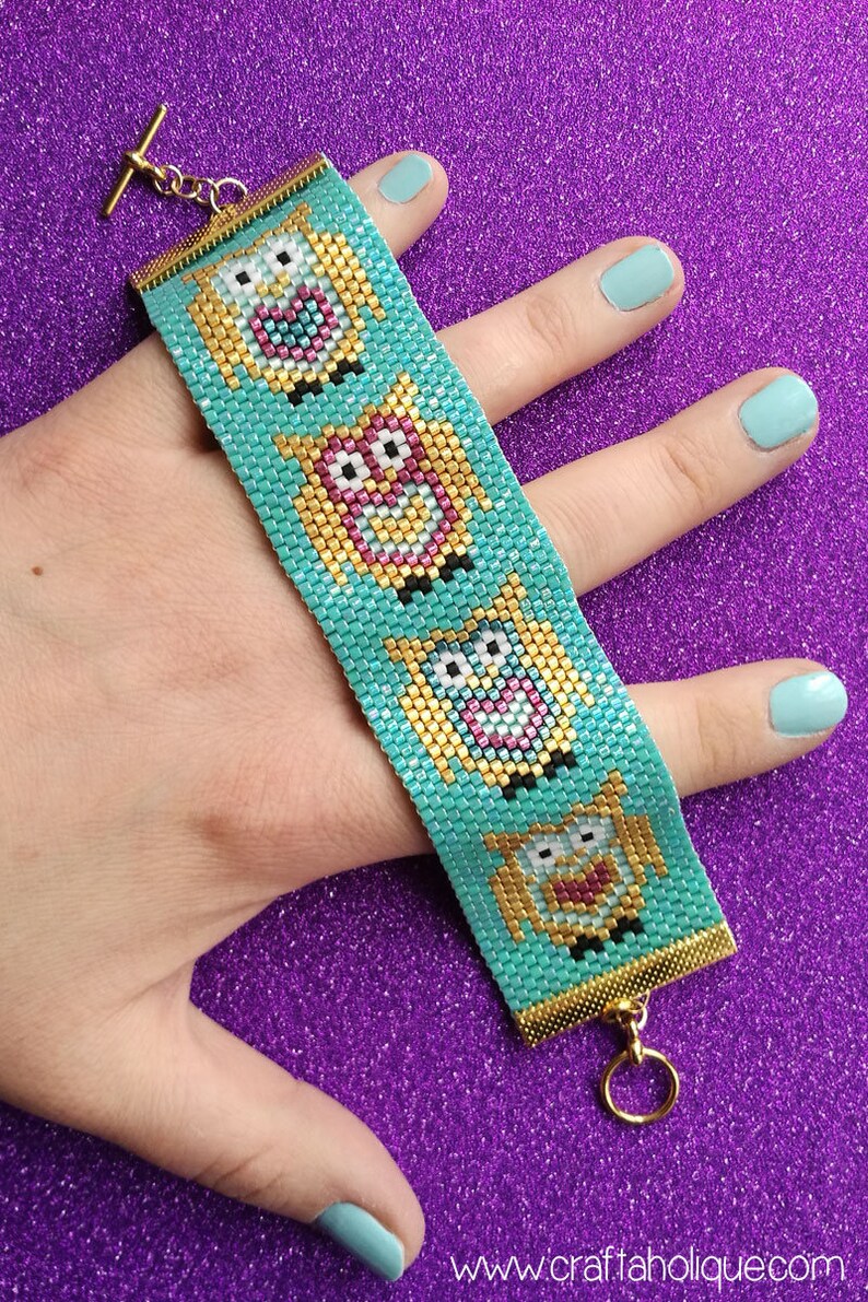 Peyote Stitch Cute Owl Bracelet Teal, Gold & Pink Beaded Cuff Bracelet Pattern for Miyuki Delicas size 10/0 Odd Count Peyote Stitch image 4