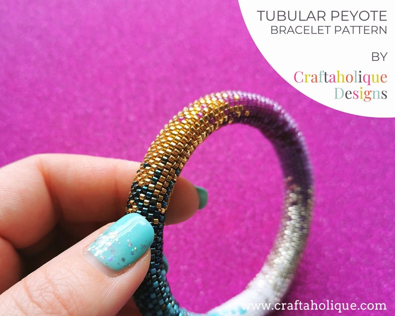 May include: A tubular peyote bracelet pattern with a gradient design, transitioning from gold to teal, purple, and silver. The bracelet is held against a pink background. Text on the image reads "TUBULAR PEYOTE BRACELET PATTERN" and "Craftaholique Designs."