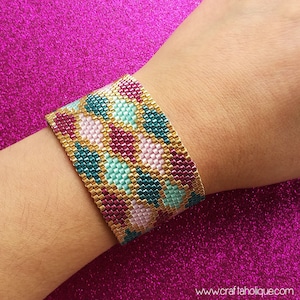 Peyote Stitch Cuff Bracelet PDF Pattern Colourful Argyle Pattern for Pink, Teal, Turquoise & Gold Miyuki Bracelet Beadwork Beading image 3