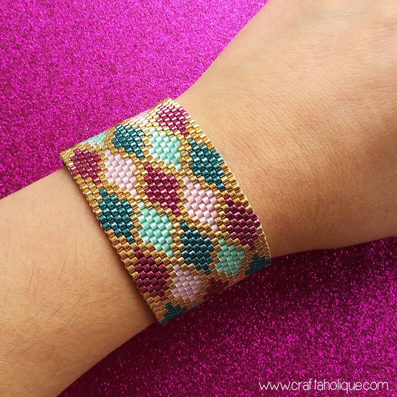 Peyote Stitch Cuff Bracelet PDF Pattern Colourful Argyle Pattern for Pink, Teal, Turquoise & Gold Miyuki Bracelet Beadwork Beading image 3