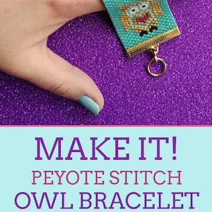 Peyote Stitch Cute Owl Bracelet Teal, Gold & Pink Beaded Cuff Bracelet Pattern for Miyuki Delicas size 10/0 Odd Count Peyote Stitch image 5