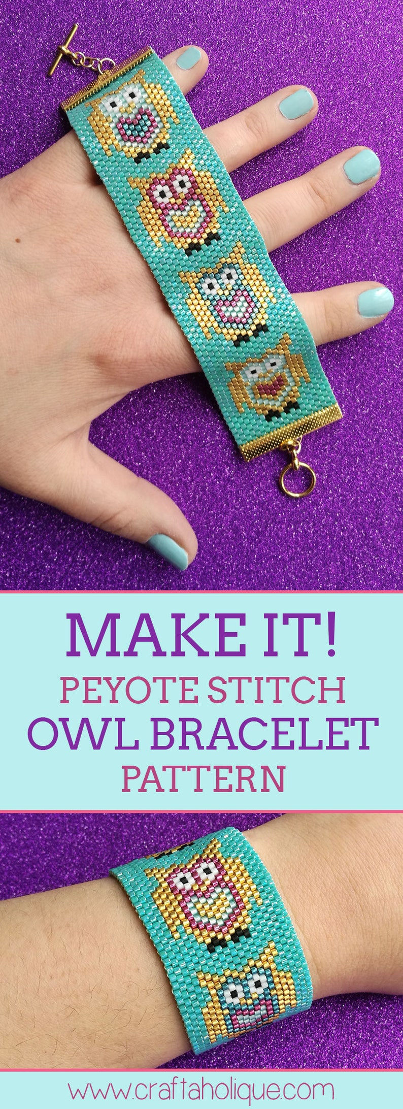 Peyote Stitch Cute Owl Bracelet Teal, Gold & Pink Beaded Cuff Bracelet Pattern for Miyuki Delicas size 10/0 Odd Count Peyote Stitch image 5