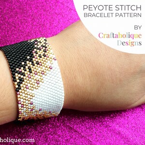 Peyote Stitch Perlenmuster, Perlenarmband Muster in Schwarz, Gold, Rosa, Weiß, Miyuki Muster, Even Count Peyote Muster