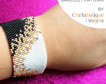 Peyote Stitch Beading Pattern, Beaded Cuff Bracelet Pattern in Black, Gold, Pink, White, Flat Even Count Peyote Pattern, Miyuki Pattern