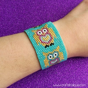 Peyote Stitch Cute Owl Bracelet Teal, Gold & Pink Beaded Cuff Bracelet Pattern for Miyuki Delicas size 10/0 Odd Count Peyote Stitch image 2
