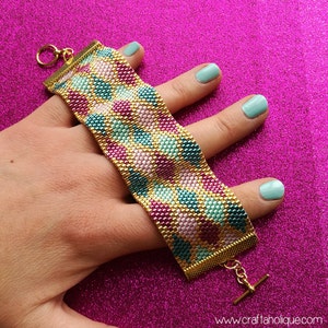 Peyote Stitch Cuff Bracelet PDF Pattern Colourful Argyle Pattern for Pink, Teal, Turquoise & Gold Miyuki Bracelet Beadwork Beading image 1