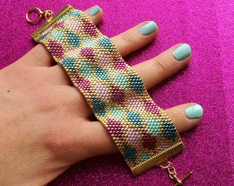 Peyote Stitch Cuff Bracelet PDF Pattern - Colourful Argyle Pattern for Pink, Teal, Turquoise & Gold Miyuki Bracelet - Beadwork Beading