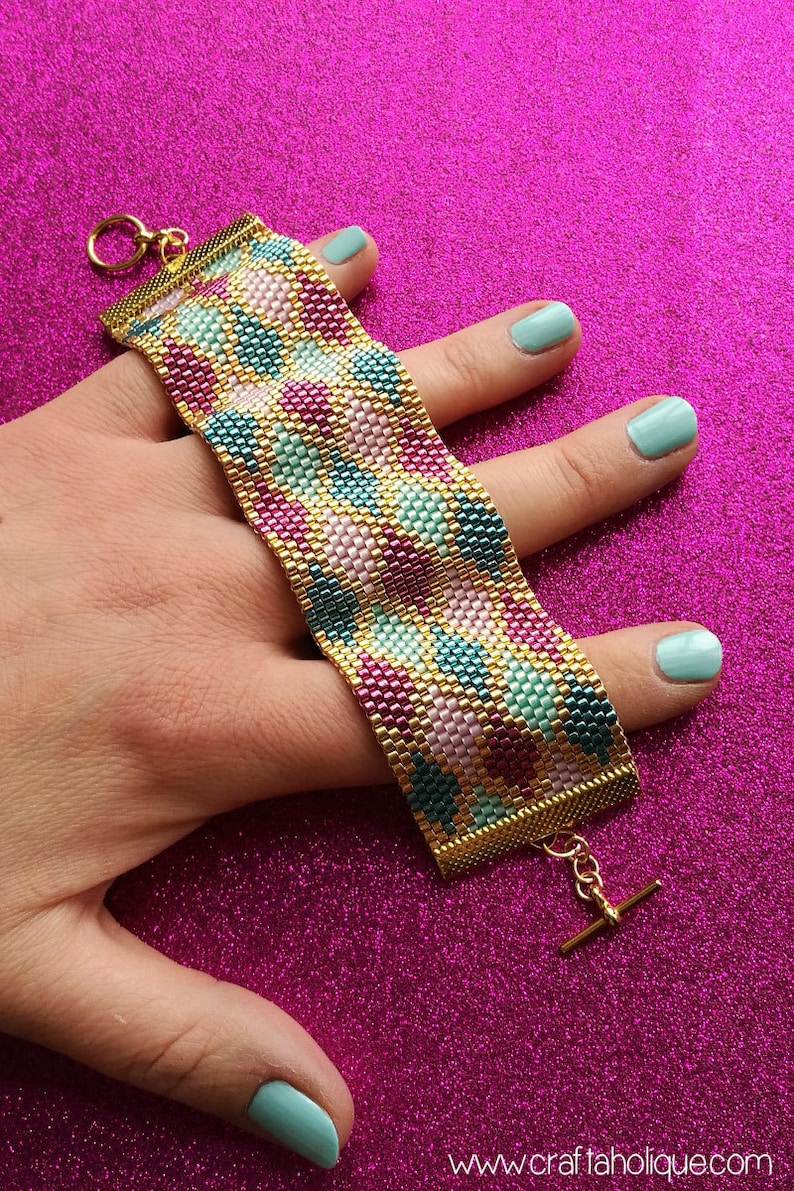 Peyote Stitch Cuff Bracelet PDF Pattern Colourful Argyle Pattern for Pink, Teal, Turquoise & Gold Miyuki Bracelet Beadwork Beading image 4