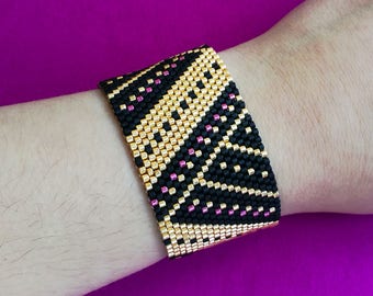 Peyote Bracelet Pattern, Beaded Bracelet Pattern, Peyote Stitch Pattern, Black, Gold, Beading Pattern, Even Count Peyote, Miyuki Pattern.