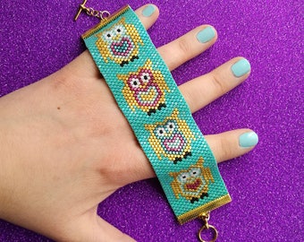 Peyote Stitch Cute Owl Bracelet - Teal, Gold & Pink Beaded Cuff Bracelet Pattern for Miyuki Delicas size 10/0 - Odd Count Peyote Stitch