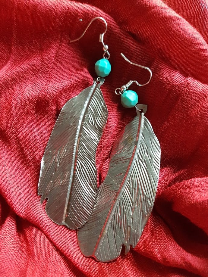 Silver Feather & Turquoise earrings Etsy