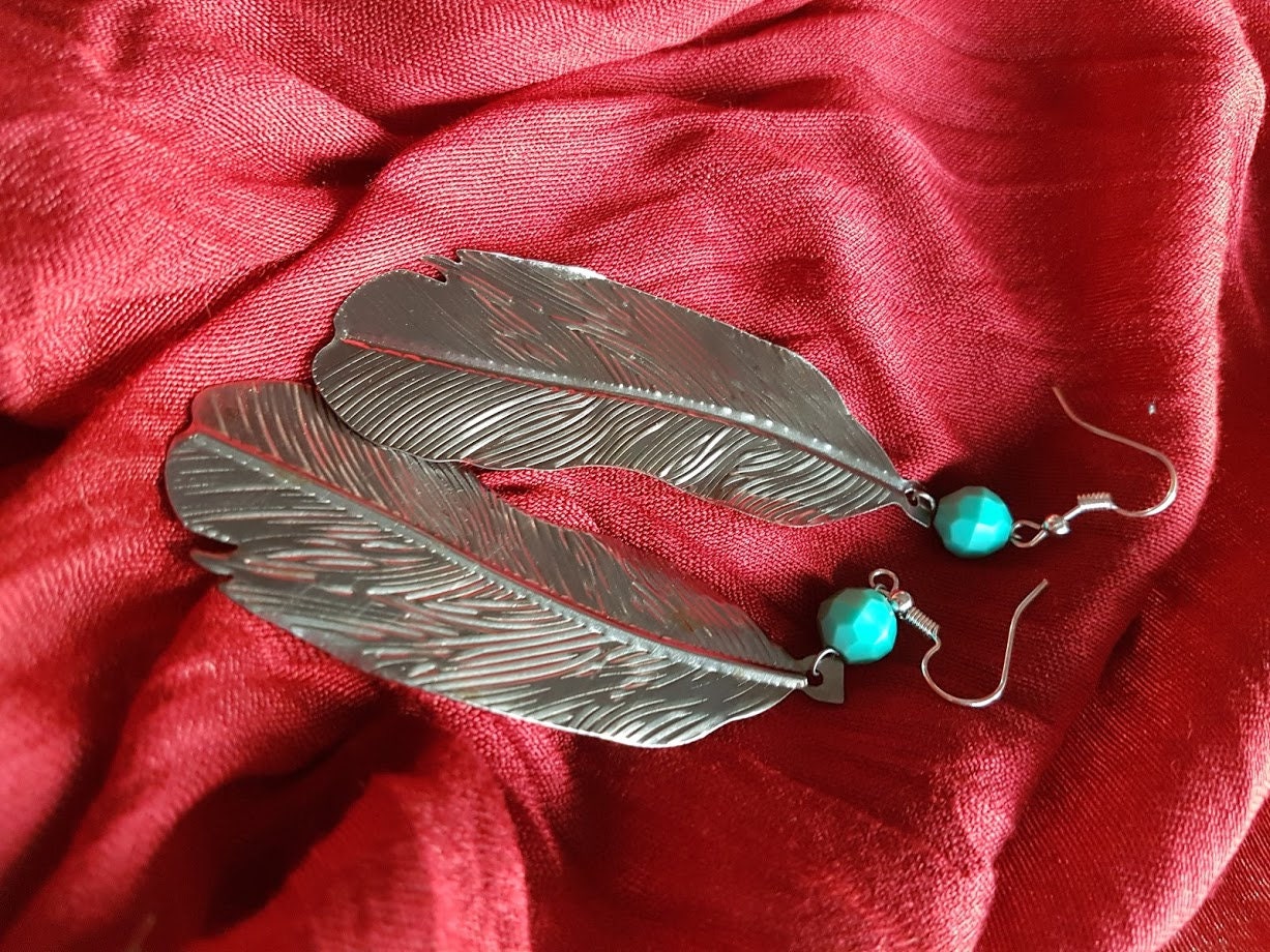 Silver Feather & Turquoise Earrings Etsy Hong Kong