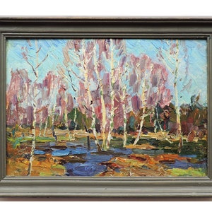 Pintura al óleo original vintage enmarcada Paisaje primaveral del artista ucraniano M. Borymchuk, década de 1980, pintura de abedules, obra de arte mural impresionista