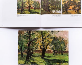 Vintage original oil painting + Catalogue of the artist V.Vlasov, 1975, Spring forest landscape painting, Green trees, Nature, Wall art work