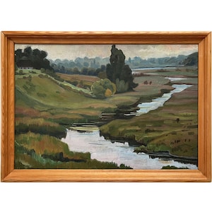 Pintura al óleo original vintage Paisaje fluvial al atardecer de la artista ucraniana N.Abutkova, década de 1980, Atardecer, Paisaje fluvial, Ribera, Árboles, Naturaleza