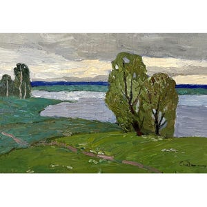 Vintage original oil painting Riverscape by Ukraine artist O.Bednoshey, Evening over river, Spring river landscape, Trees, Riverbank, Nature