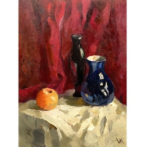Pintura al óleo original impresionista vintage del artista ucraniano V.V.Kolesnik, década de 1980, Naturaleza muerta con una manzana y jarrones, Arte mural de naturaleza muerta