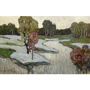 Original oil painting Sunset river landscape by Ukrainian artist O.Bednoshey, Evening over river, Trees on the river bank, Spring, Nature