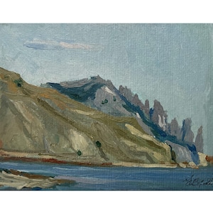 Vintage original oil painting Mountain landscape by Ukrainian artist N.Korobova, Sea painting, Seascape, Seashore, Rocky shore, Coastal view