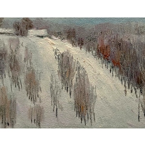 Vintage small original oil painting Winter mountain landscape by Ukrainian artist B.Rybets, 1960s, Evening, Village, Farmhouse, Snow, Trees