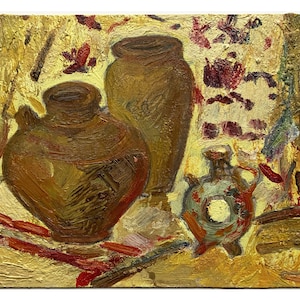 Peinture à l&#39;huile originale vintage Nature morte par l&#39;artiste ukrainien I.Yevchenko, 1979, Nature morte à l&#39;huile avec cruches, Art mural unique, authentique et unique