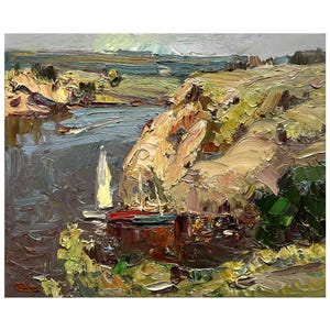 Vintage original oil painting River landscape by Ukraine artist L.Yavorskiy 1980 Wall art, Pier under mountain, Boats, Riverbank, Riverscape
