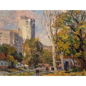 Pintura al óleo original vintage "Paisaje urbano" del artista ucraniano O. Koshel, 1989, Obra de arte urbana, Pintura callejera de la ciudad, Paisaje urbano, Arte mural