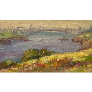 Vintage impressionist original oil painting River landscape by Ukrainian artist O.Koshel, Wall art, Riverscape, Riverbank, Bridge painting