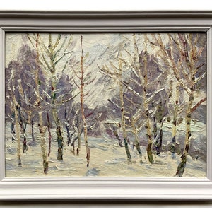 Framed vintage original oil painting Winter forest landscape by Ukrainian artist M.Borymchuk, 1978, Birches painting, Snow, Nature landscape