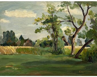 Antique original oil painting Rural landscape by Ukrainian artist M.Borymchuk 1960s, Summer, Village, Field, Countryside view, Wall art work